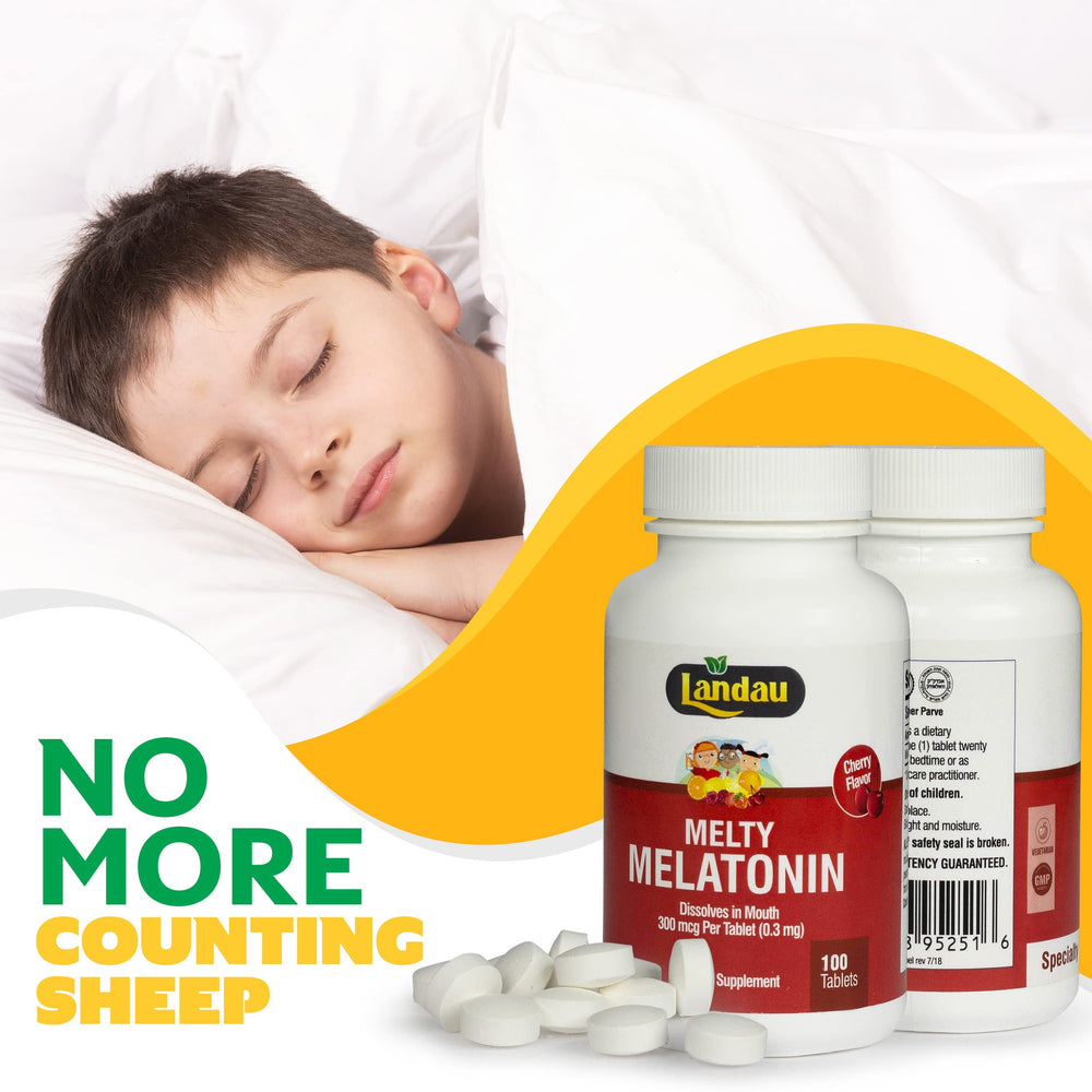 Dissolving melatonin tablet illustrating fast-acting cherry formula