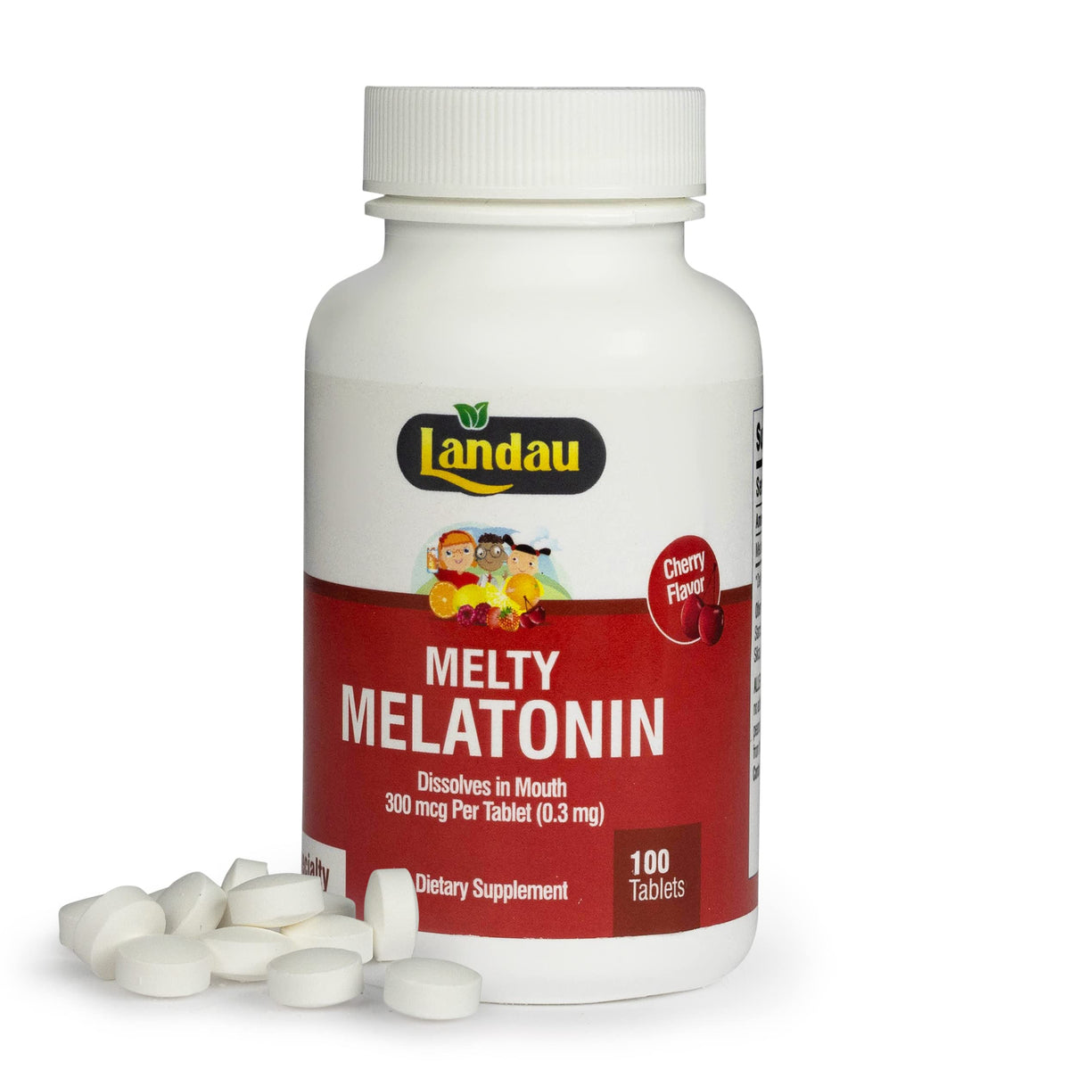 Front view of Landau Melty Melatonin Cherry bottle with 100 tablets
