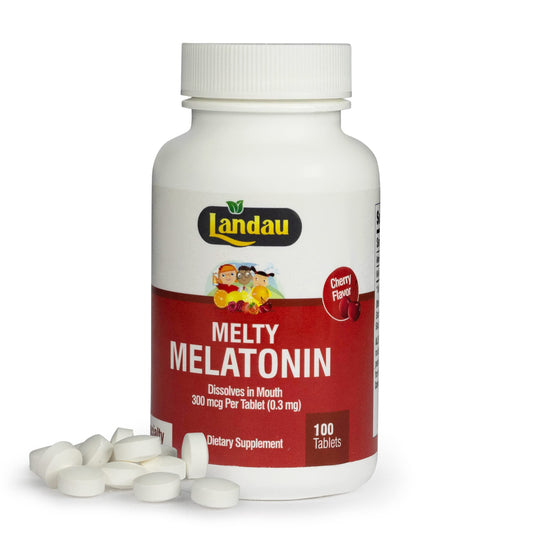 Front view of Landau Melty Melatonin Cherry bottle with 100 tablets