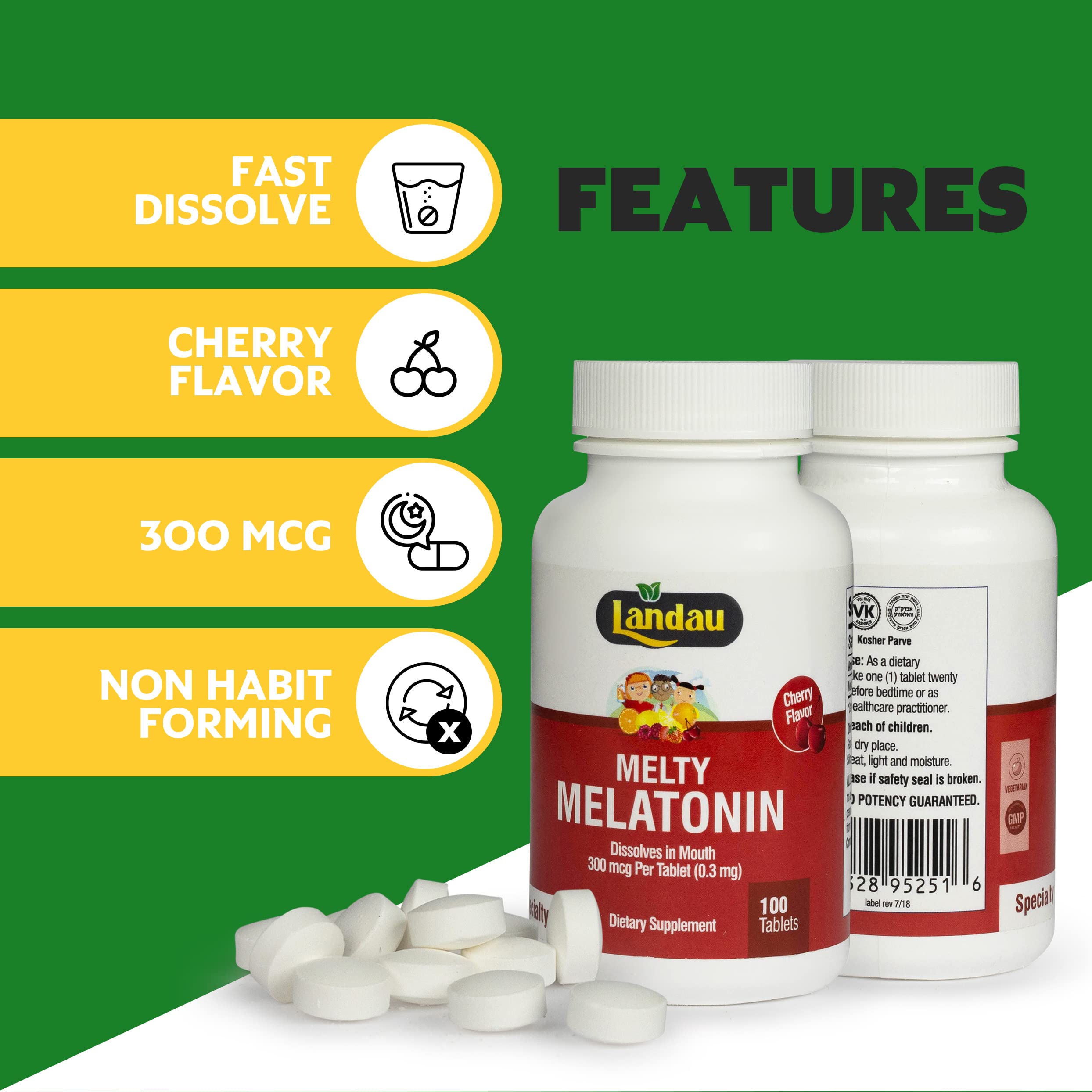 Nutrition facts and ingredients panel for Landau Melty Melatonin Cherry