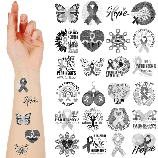 Landhoow Parkinson's gray ribbon glitter tattoos ready for awareness events