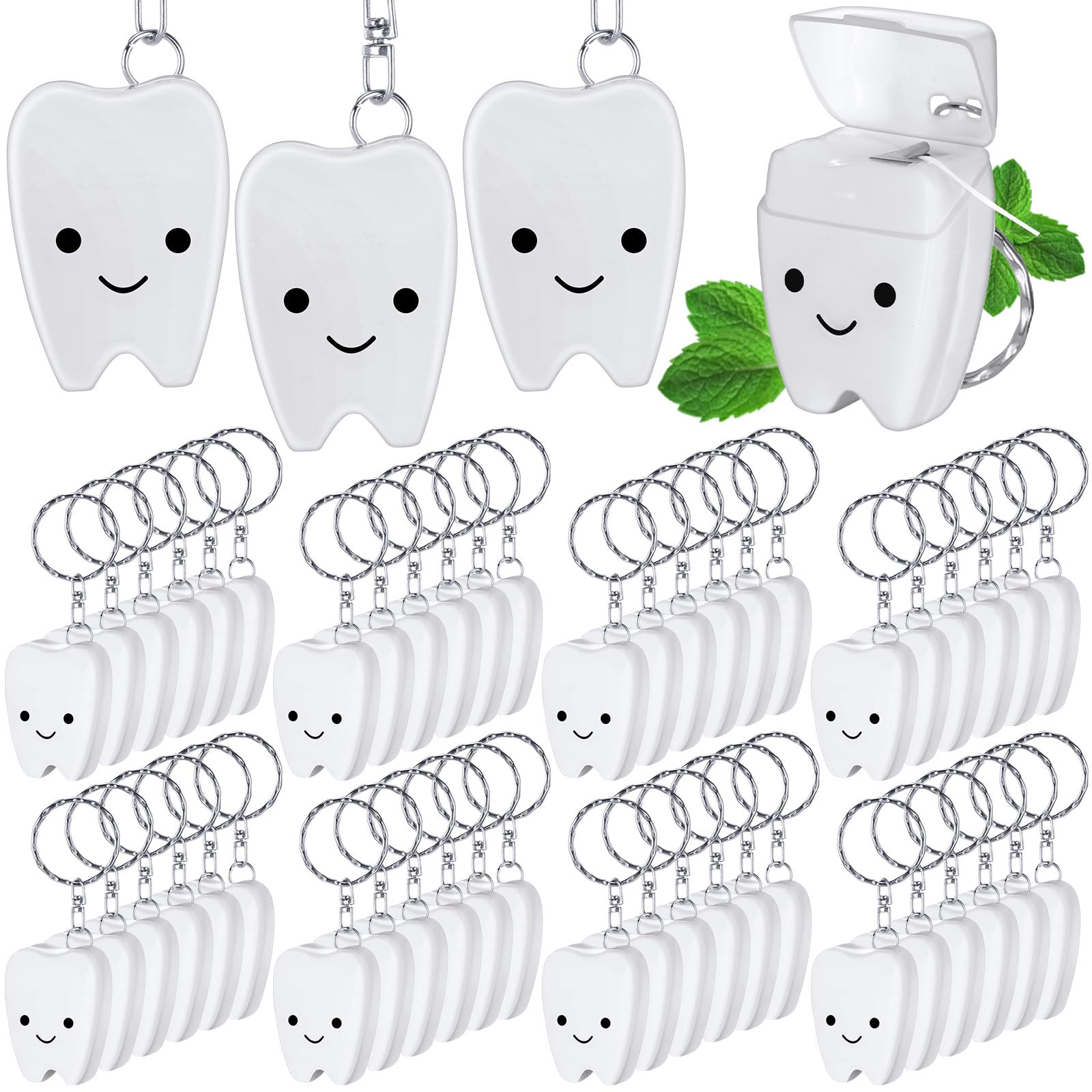 Tooth-shaped dental floss keychain packaging and mint-flavored floss