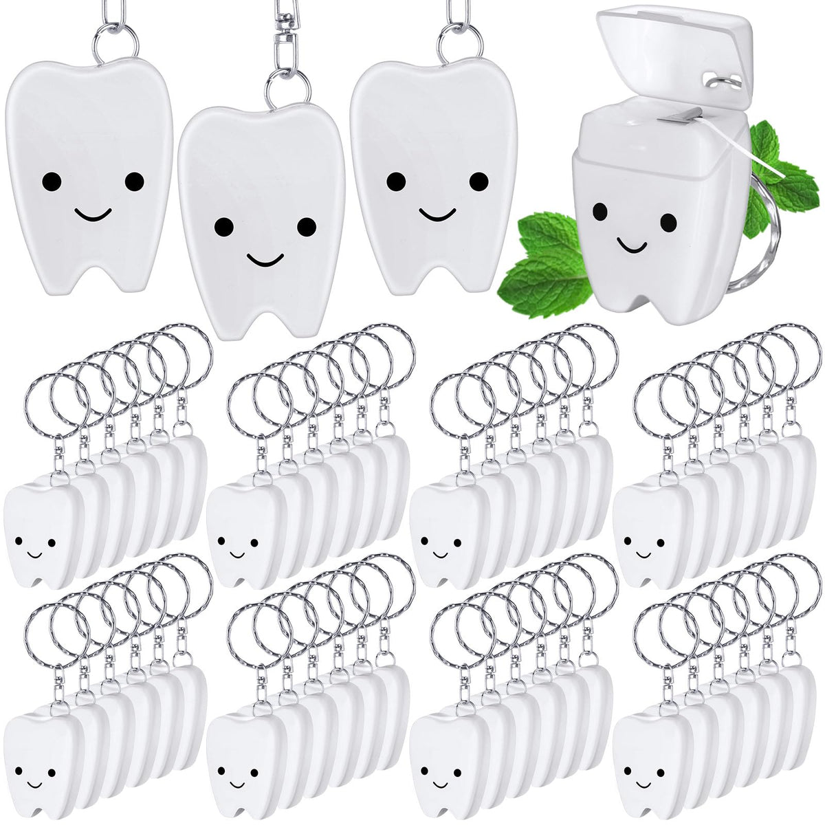 Tooth-shaped dental floss keychain packaging and mint-flavored floss