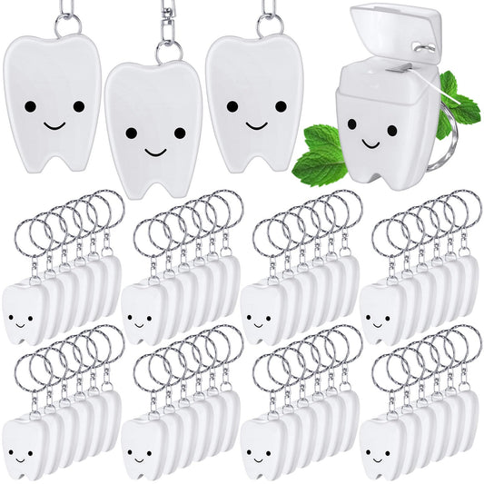 Tooth-shaped dental floss keychain packaging and mint-flavored floss