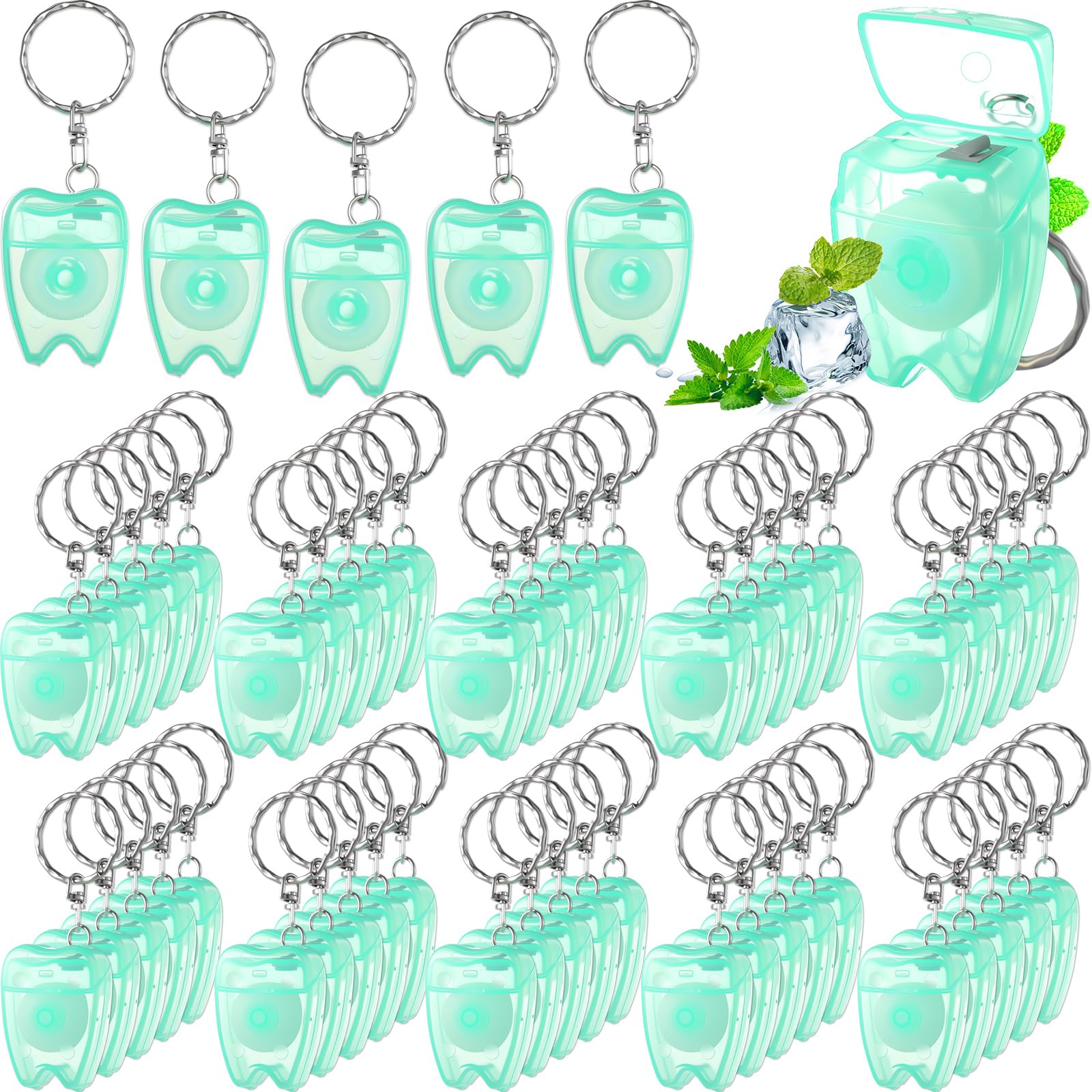 Mint green Landical mini dental floss keychain, front view