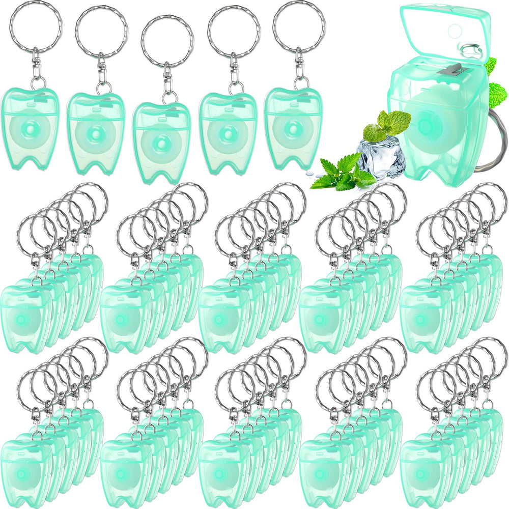 Mint green Landical mini dental floss keychain, front view