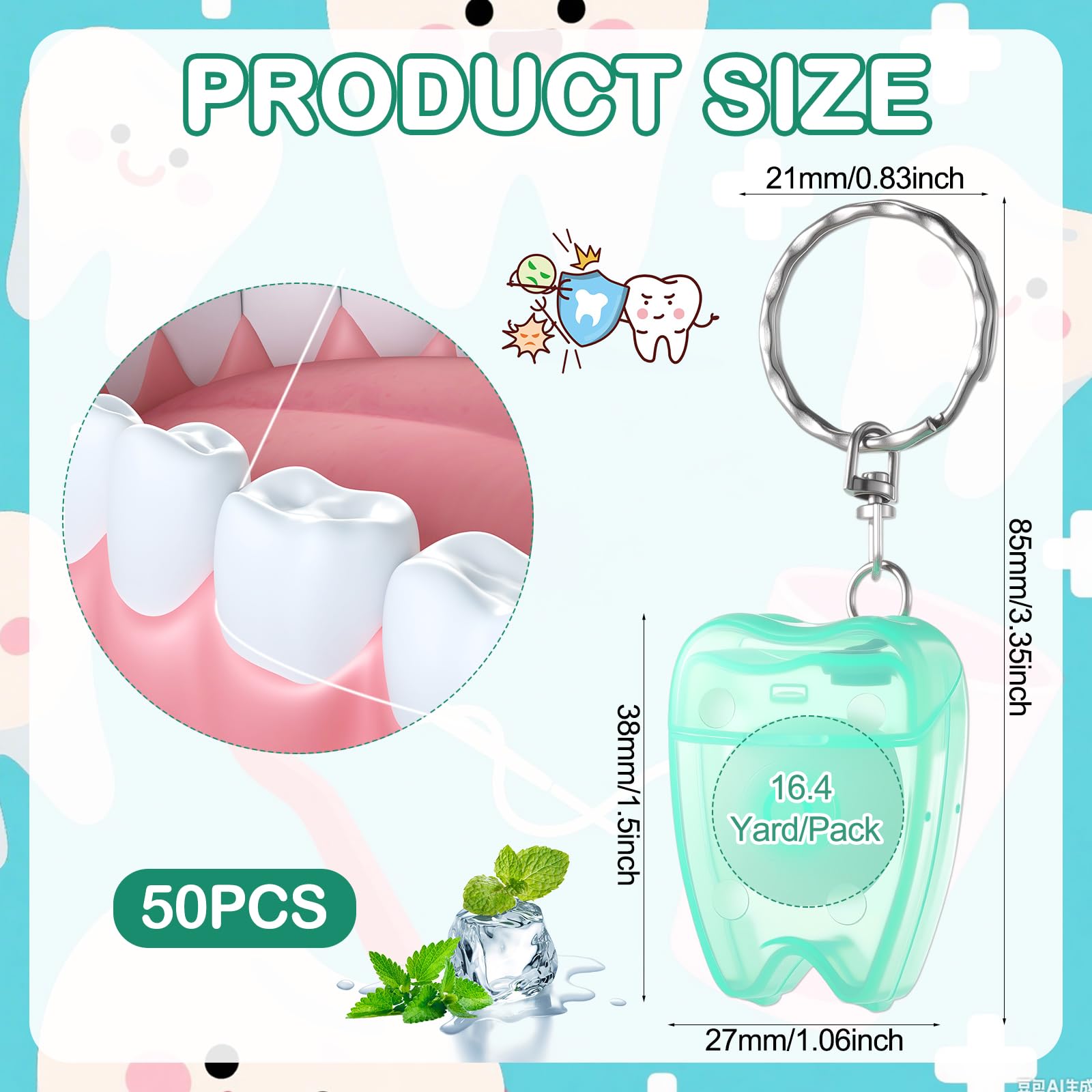 Mint green tooth-shaped dental floss keychain close-up