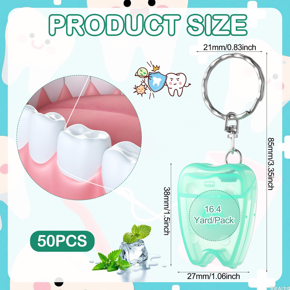 Mint green tooth-shaped dental floss keychain close-up