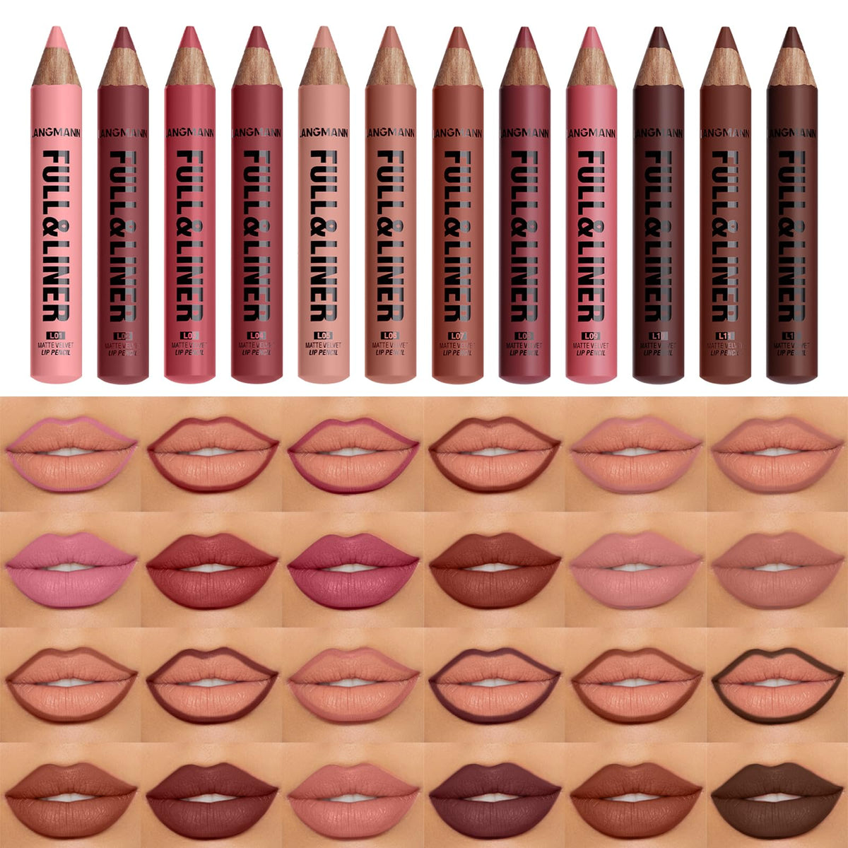 LANGMANNI 12pc matte velvet lip liner set swatches for versatile lip looks