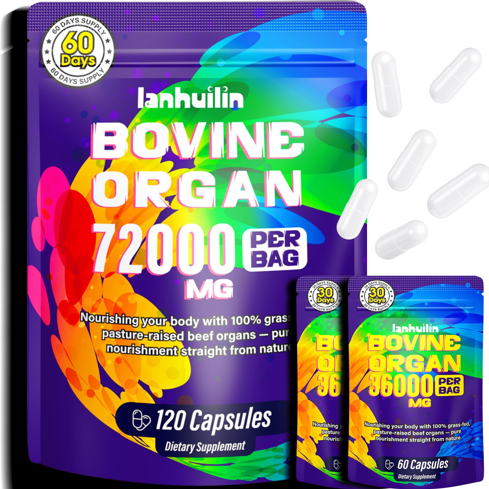 Lanhuilin beef organ liver capsules for energy and hormone balance, grass-fed source.