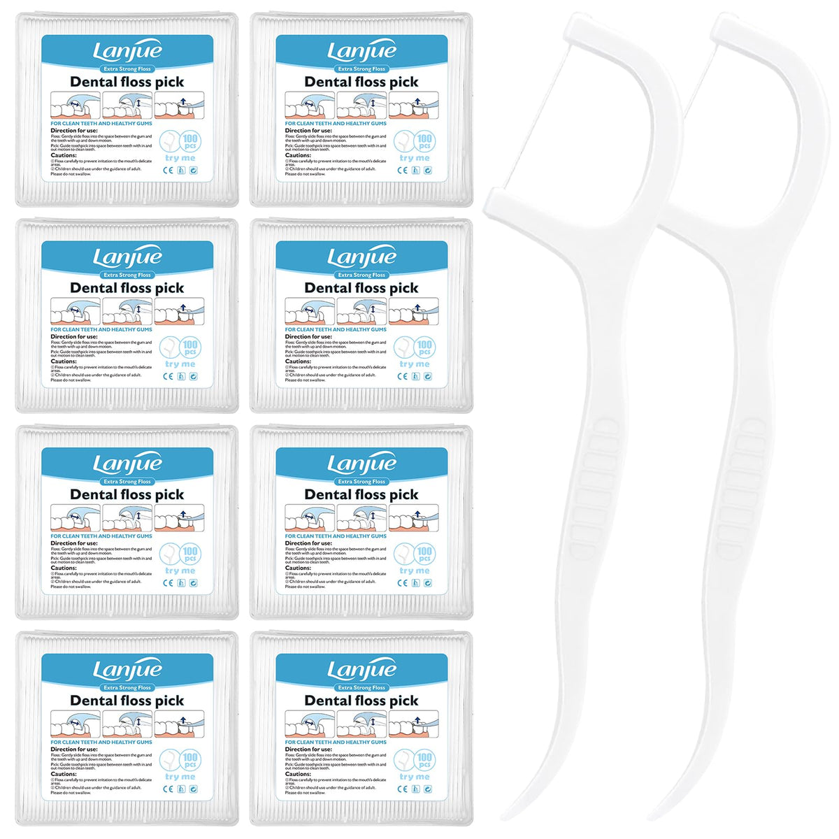 Lanjue 800-count dental floss picks in eight transparent boxes
