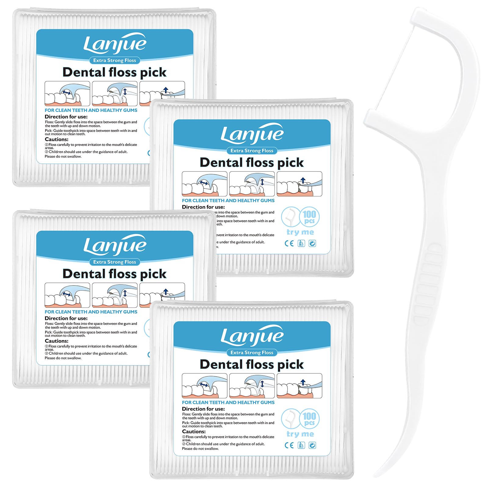 Lanjue 400-count dental floss picks in four transparent boxes