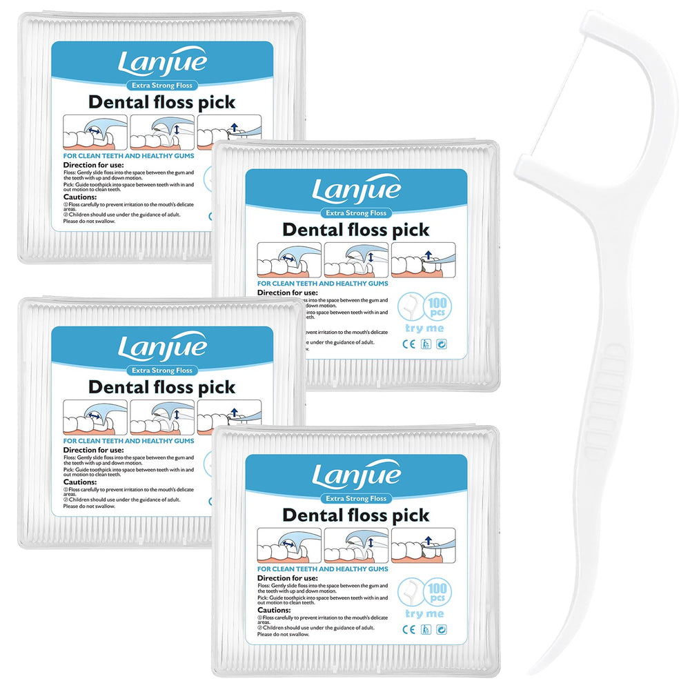 Lanjue 400-count dental floss picks in four transparent boxes