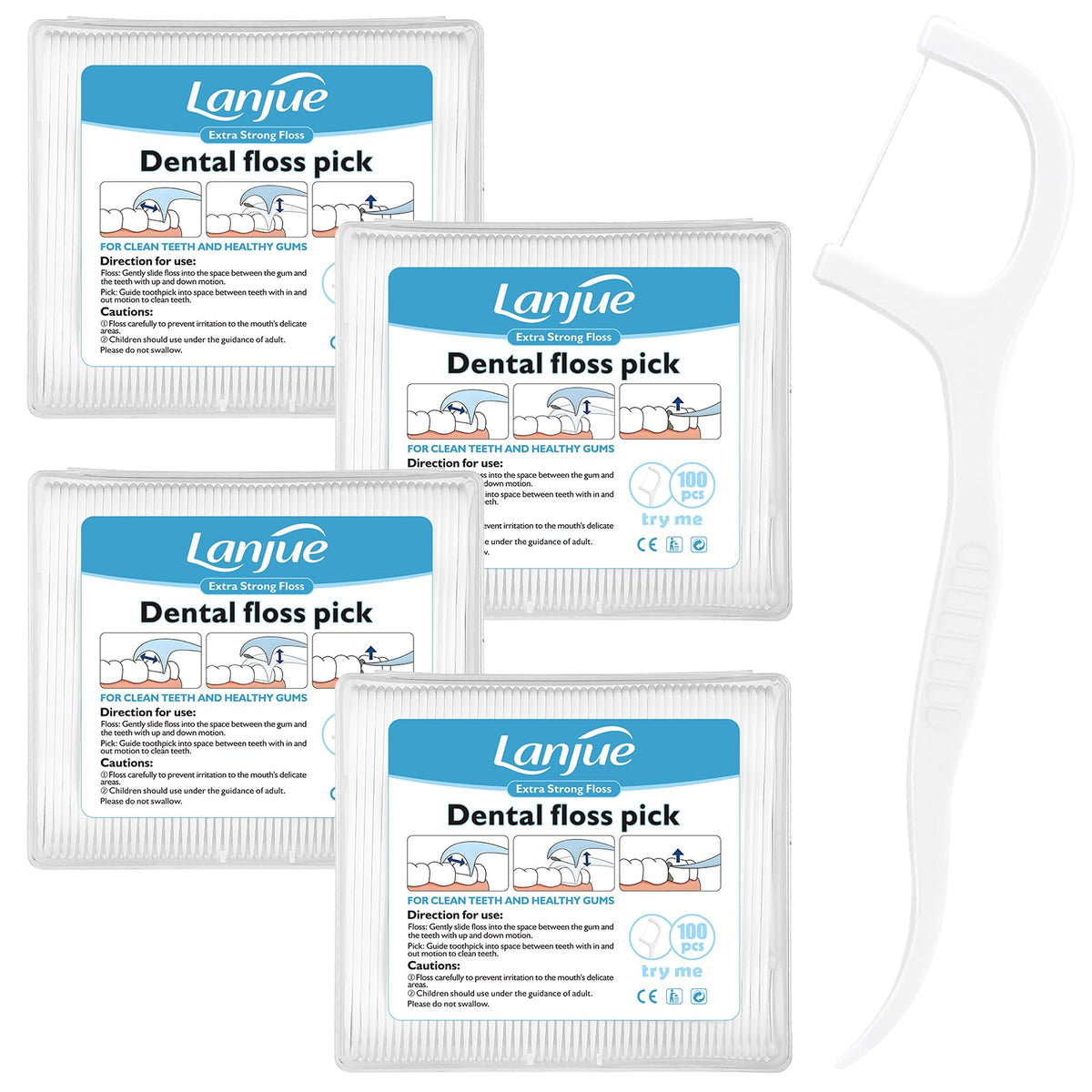 Lanjue 400-count dental floss picks in four transparent boxes