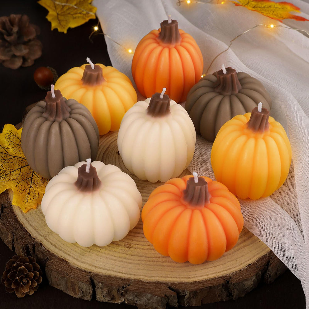 Lanpn 8-pack fall scented candles featuring pumpkin-shaped tealights in autumn colors