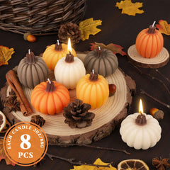 Close-up of pumpkin-shaped tealights from Lanpn fall scented candle set