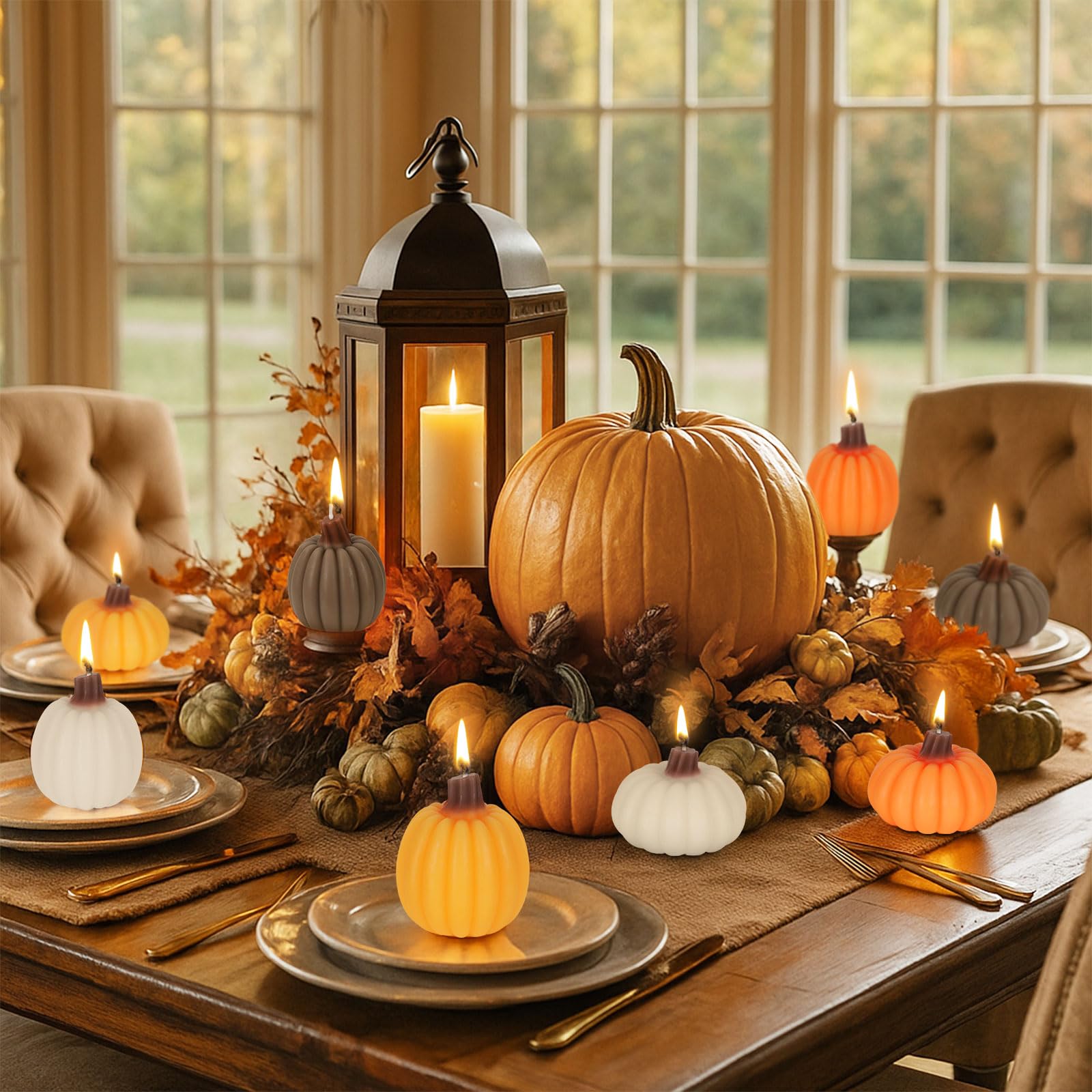 Lanpn fall scented candles arranged as a festive table centerpiece