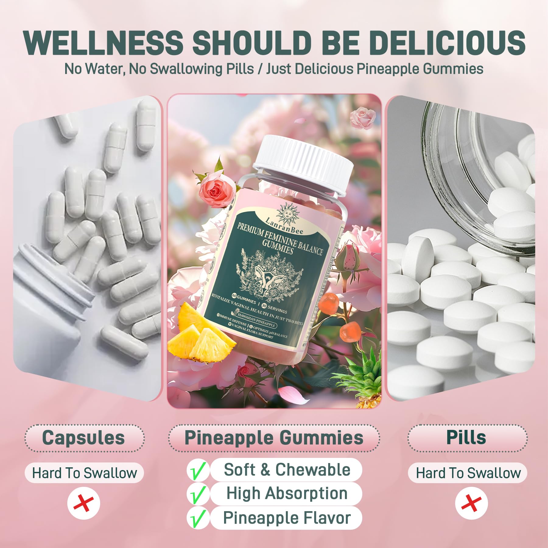 Pouch packaging for LanranBee Premium Feminine Balance Gummies