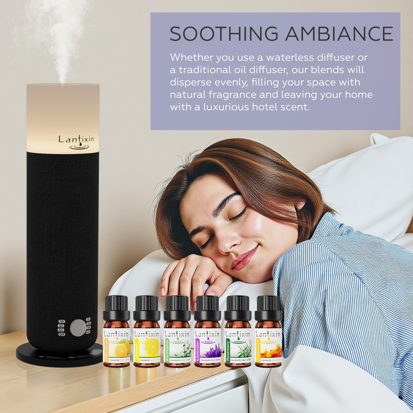 Lantixin essential oil blends 6-pack arranged with greenery