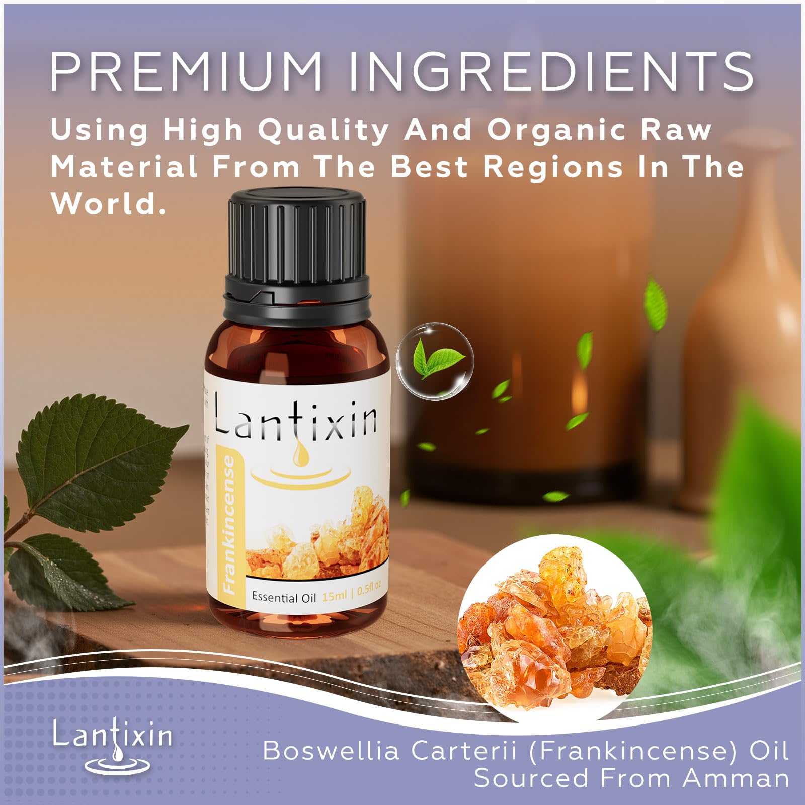 Label close-up showing natural ingredients for Lantixin Frankincense oil.