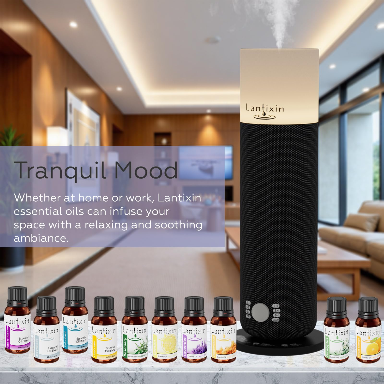 Premium essential oil packaging with amber bottle.