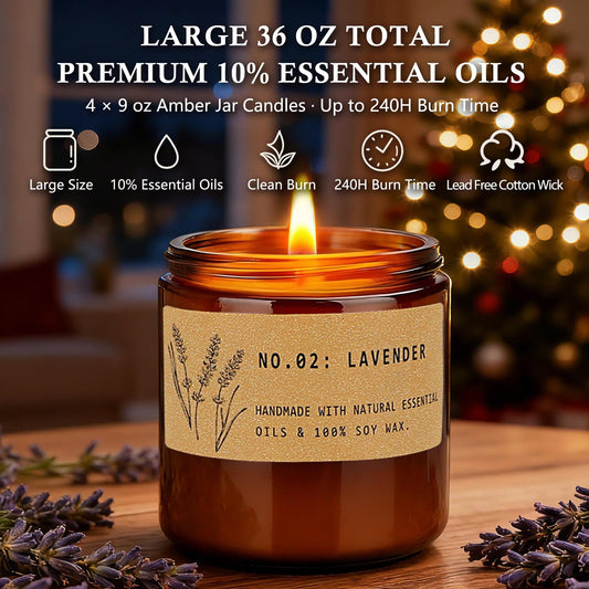 Four large 9 oz candles in vintage amber jars