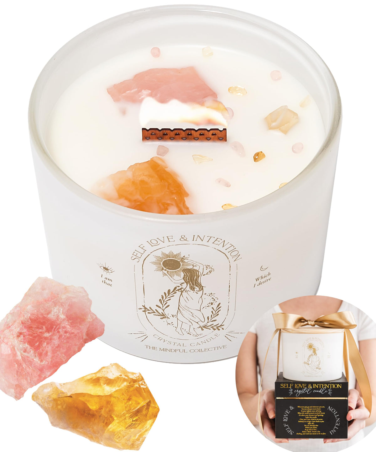 Large crystal candle for women with rose quartz and citrine crystals, 12oz soy wax, wood wick