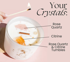 Crystal candle featuring rose quartz and citrine crystals for love and abundance