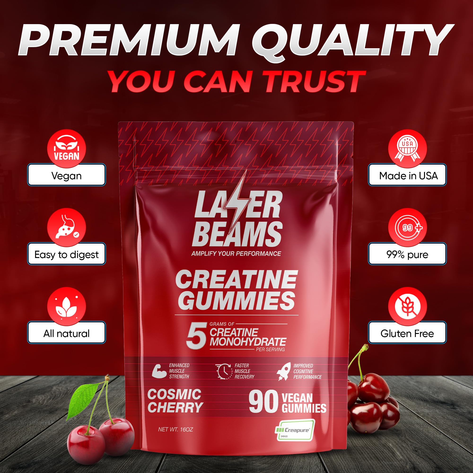 Gummies produced in an FDA registered facility with Creapure purity