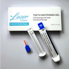 LaserGlow 44% hydrogen peroxide teeth whitening gel dual-barrel syringe close-up