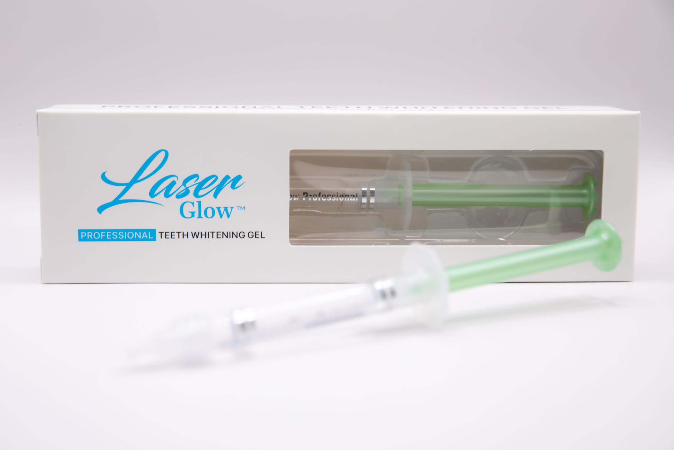 Packaging and syringe of LaserGlow teeth whitening gel for dentists and whitening technicians