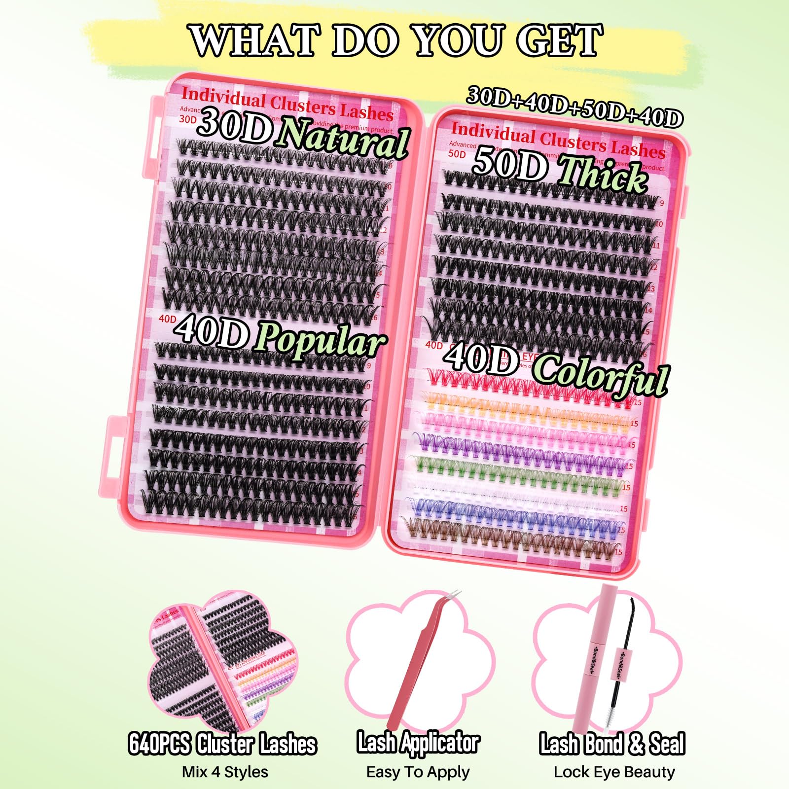 LASHSUN colored cluster kit demonstrates 30D-50D varieties for DIY lashes