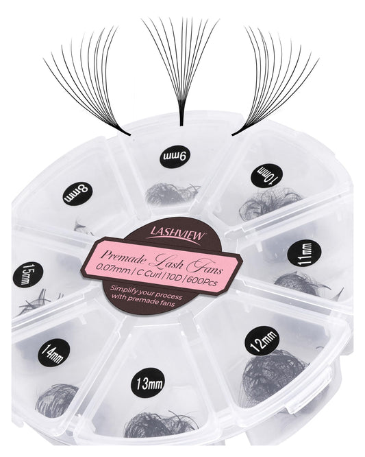 LASHVIEW 600 premade volume fan in mixed tray for bulk efficiency during sessions.