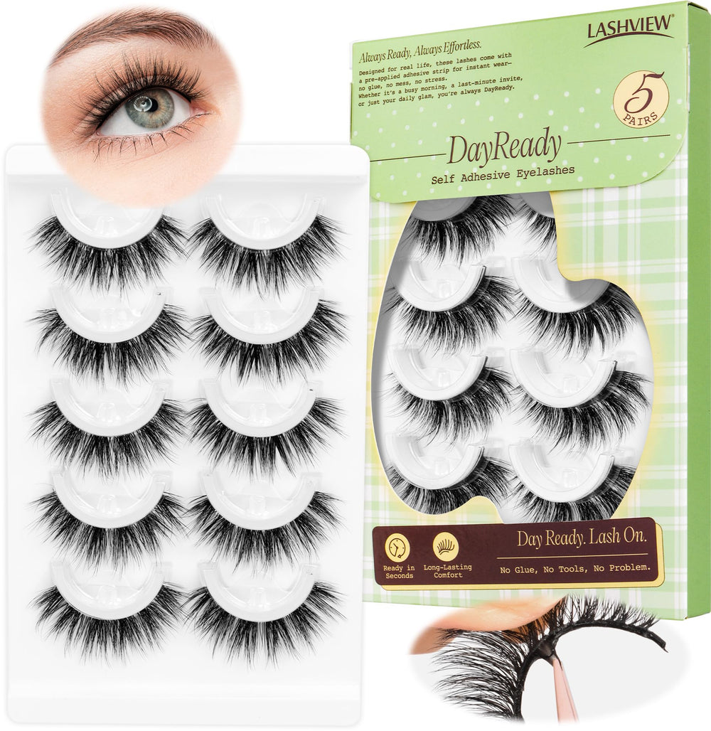 LASHVIEW CV219 self-adhesive lashes in box for quick, glue-free application.