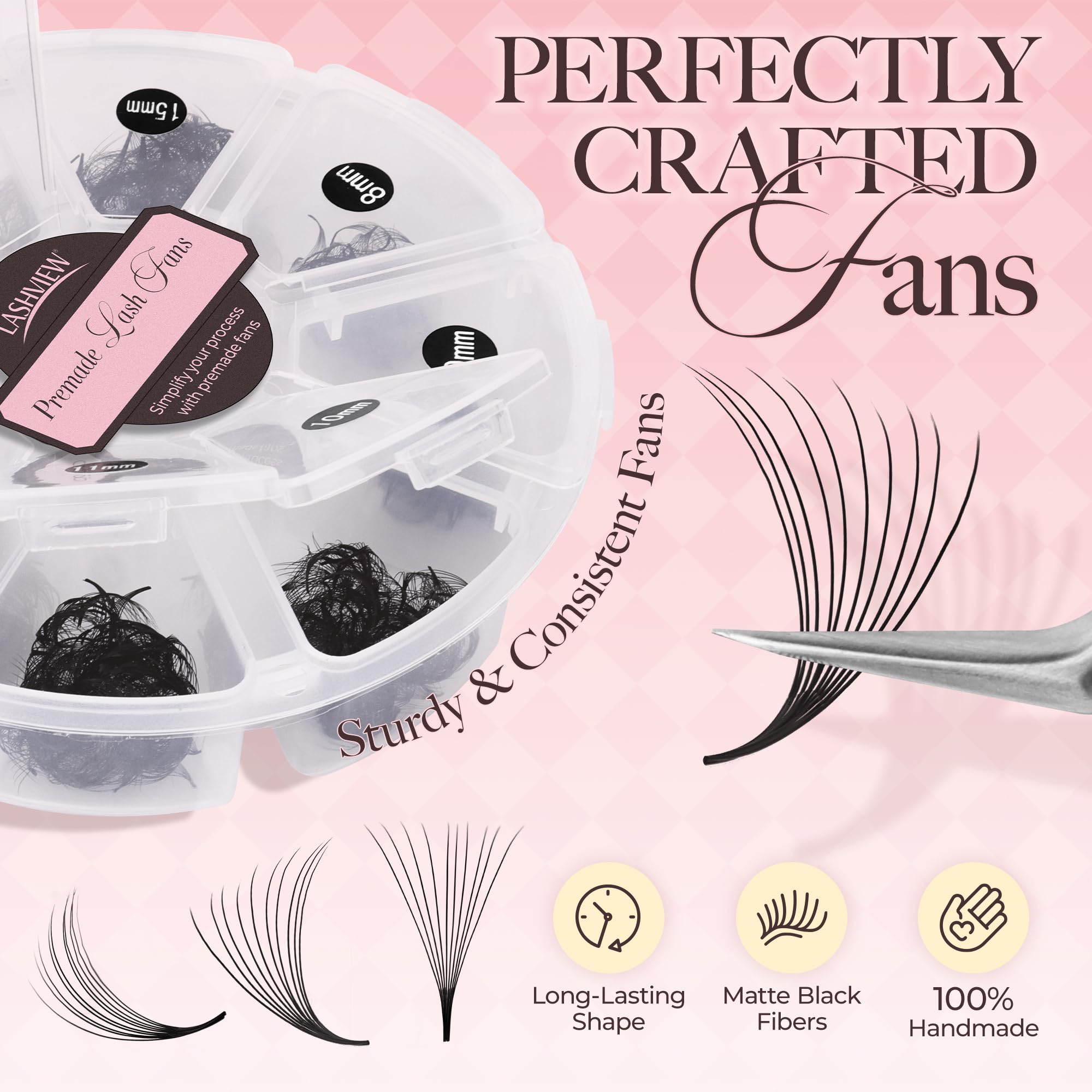 LASHVIEW premade fans neat stacks in D curl for consistent results.