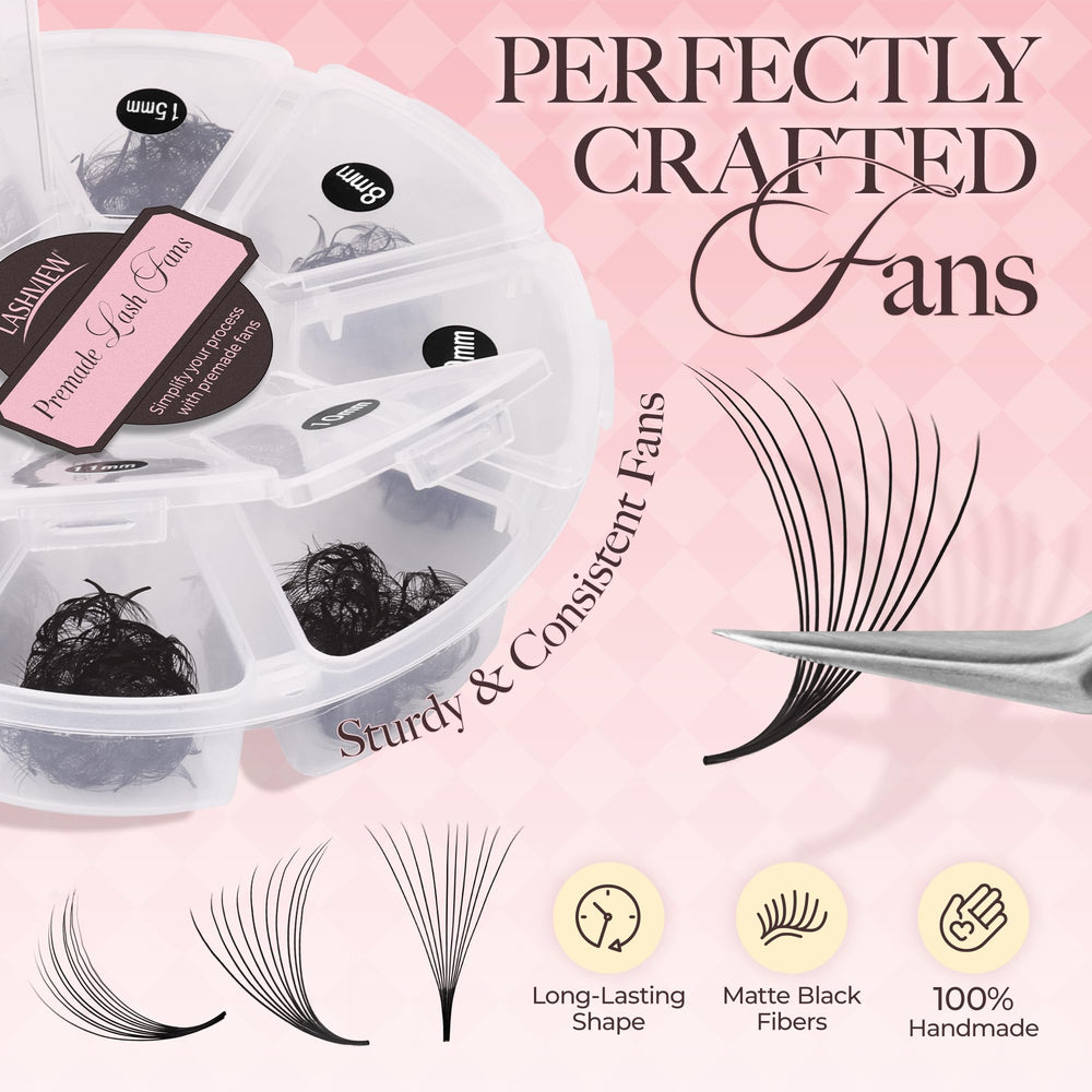 LASHVIEW premade fans neat stacks in D curl for consistent results.