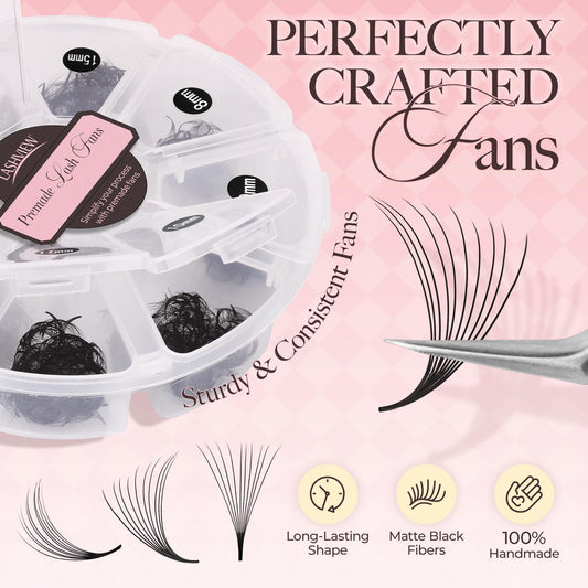 LASHVIEW premade fans neat stacks in D curl for consistent results.