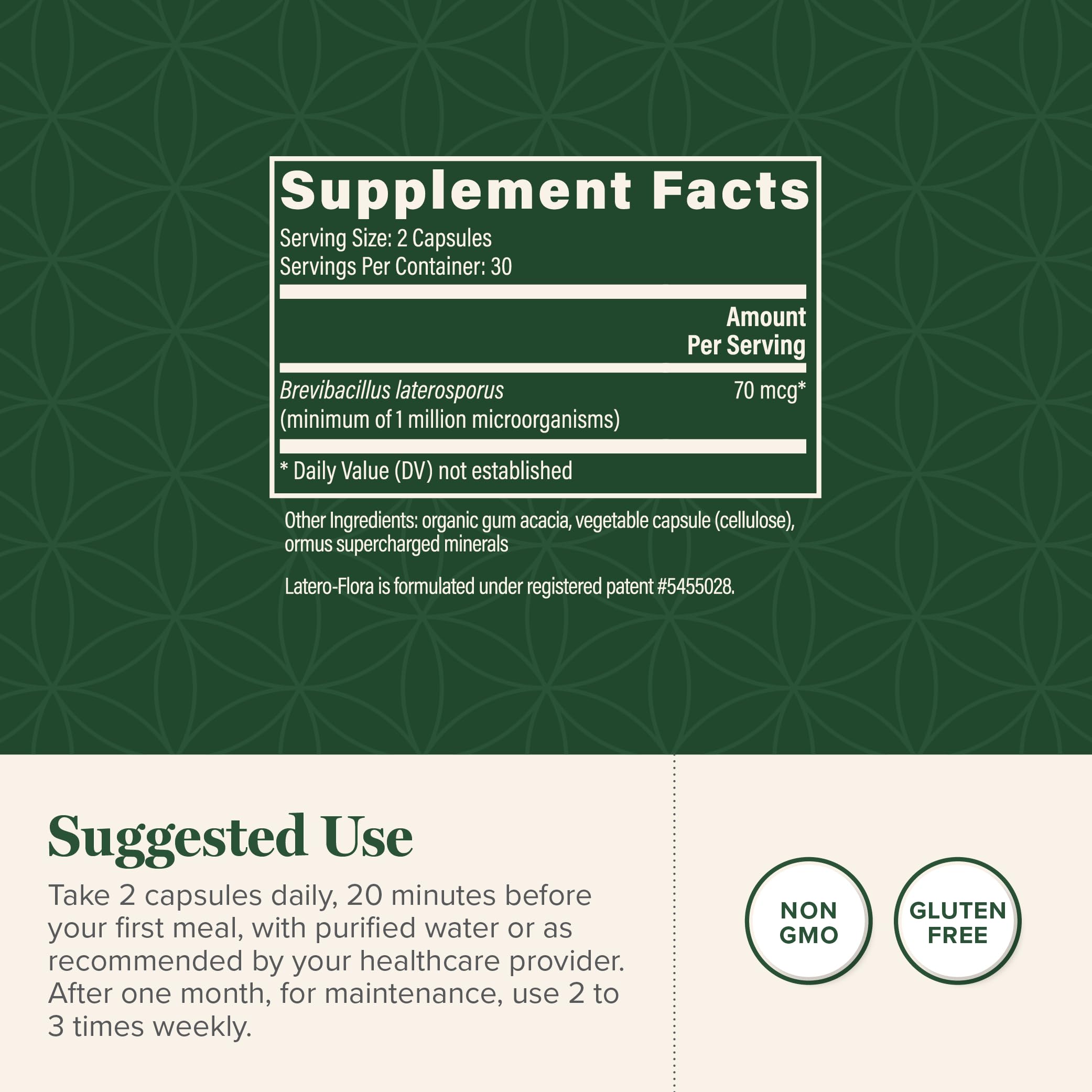 Label of Latero-Flora Probiotic 60 Count with B.O.D. strain information