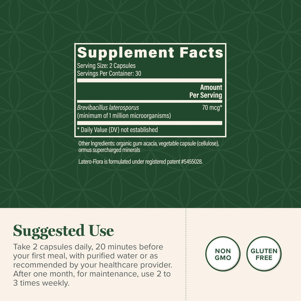 Label of Latero-Flora Probiotic 60 Count with B.O.D. strain information
