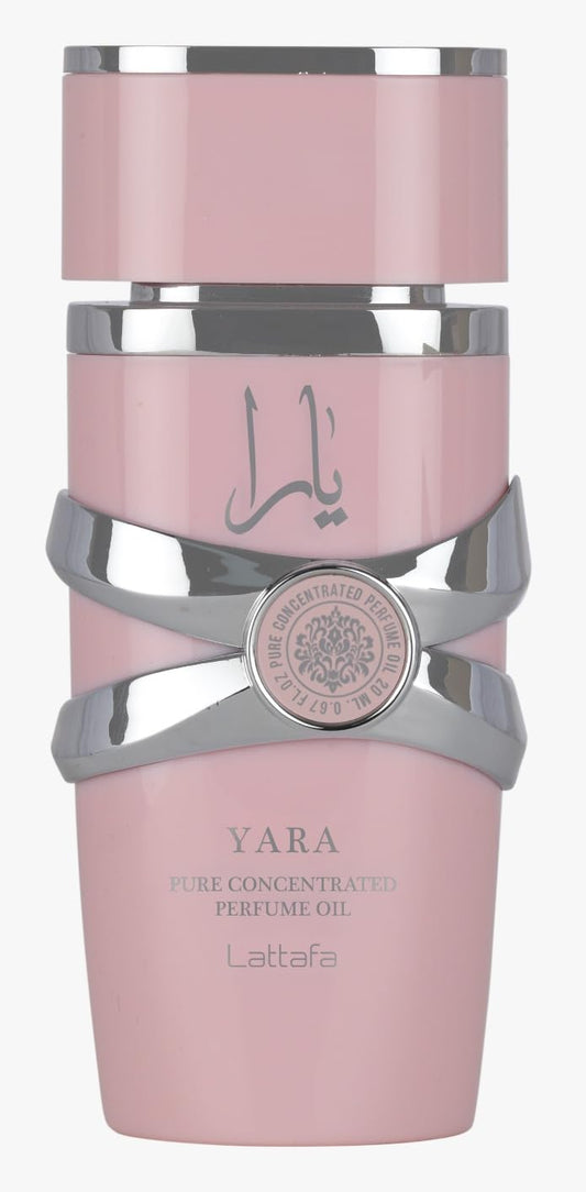 Front view of Lattafa Yara perfume oil bottle in elegant packaging.