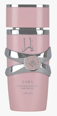 Front view of Lattafa Yara perfume oil bottle in elegant packaging.