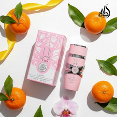 Close-up graphic showing fragrance notes Tangerine, Heliotrope, and Orchid.