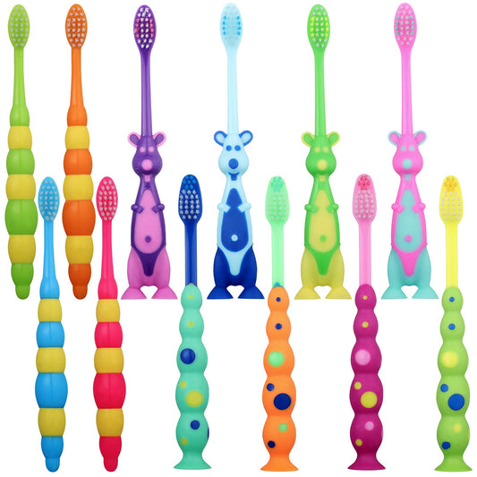 Lauwell 12-piece toddler toothbrush set with colorful animal designs