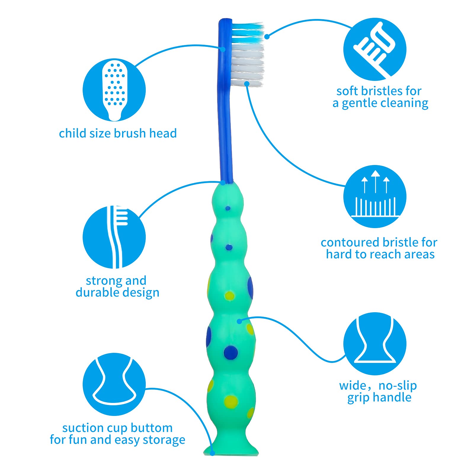 Assorted colors and patterns in Lauwell toddler toothbrush pack