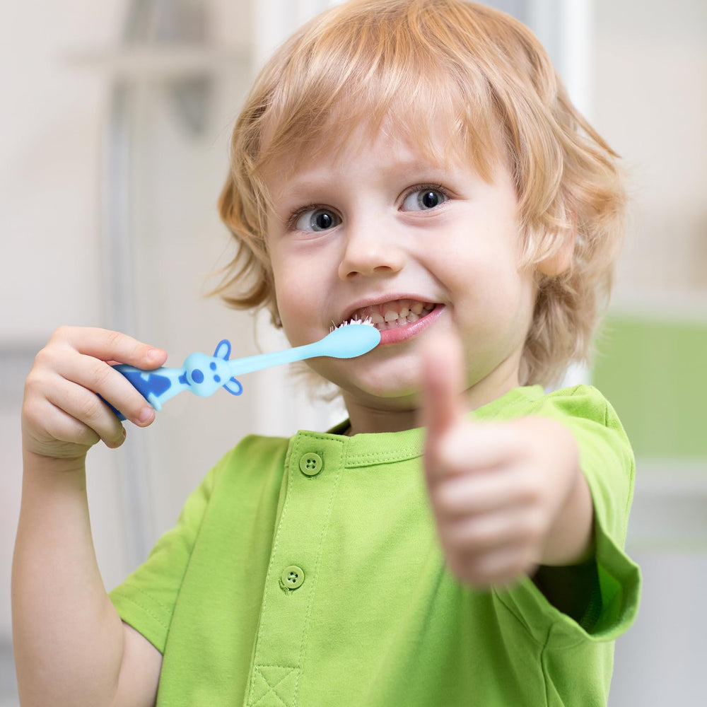 Brightly colored Lauwell toddler toothbrushes in animal shapes
