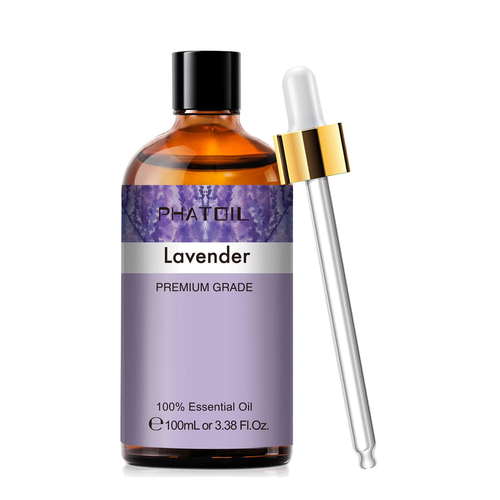 Lavender essential oil bottle with built-in dropper in amber glass