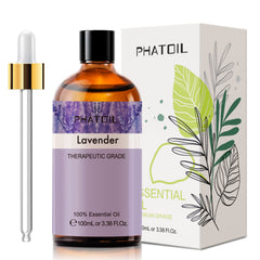 Close-up of 100ml lavender essential oil in amber bottle