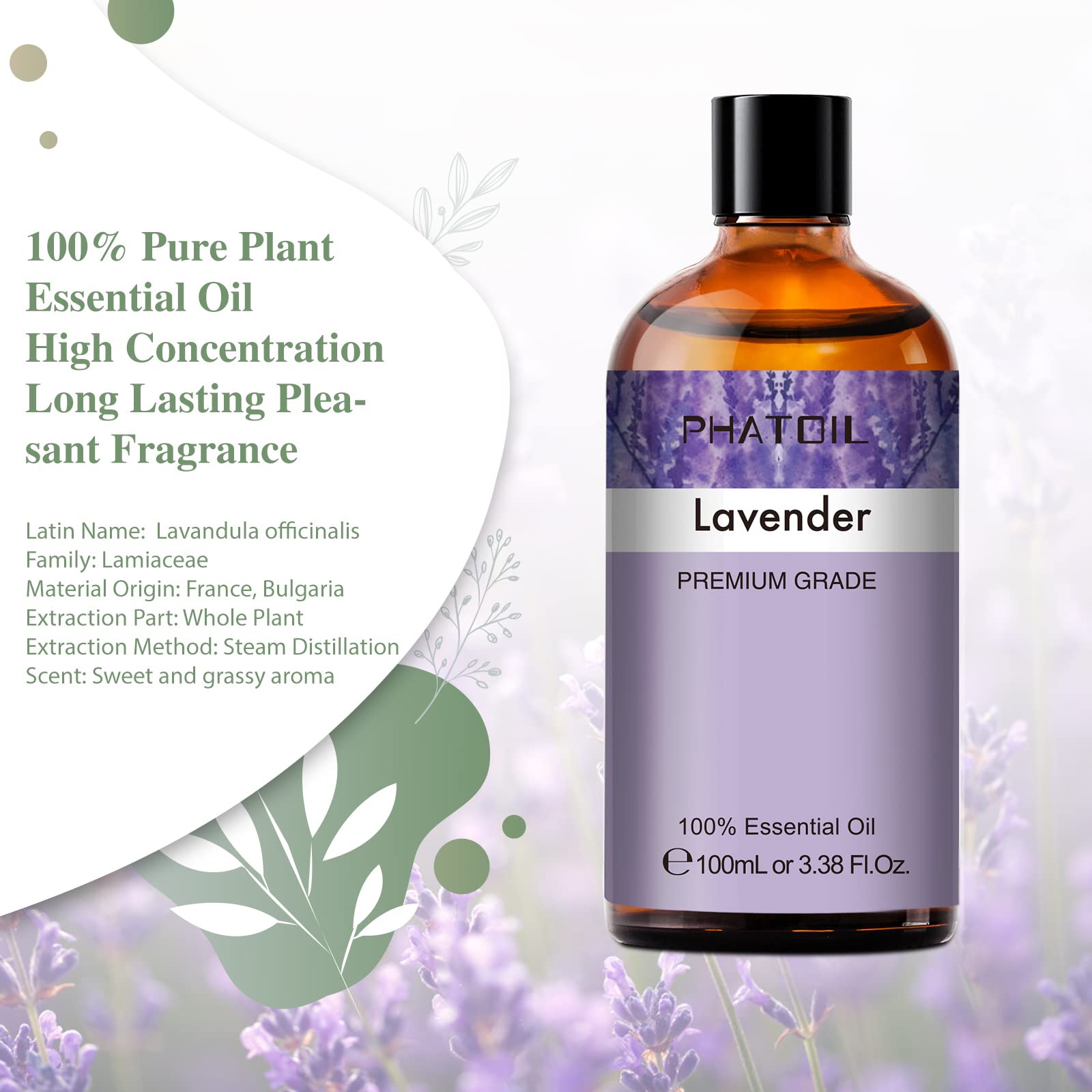 PHATOIL lavender essential oil packaging in UV-resistant amber bottle