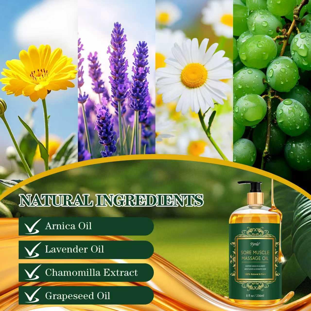 Close-up of lavender, arnica and chamomile extracts