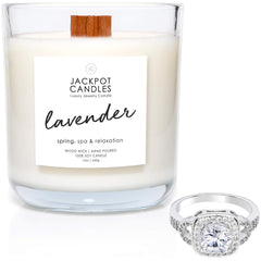 Lavender scented soy candle in a 15 oz jar with wooden wick